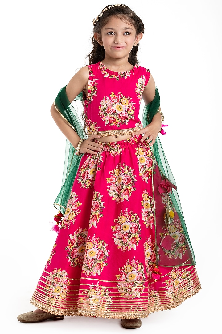 Fuchsia Floral Printed Lehenga Set For Girls by BYB PREMIUM at Pernia's Pop Up Shop
