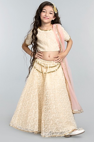 Cream Embroidered Lehenga Set For Girls by BYB PREMIUM