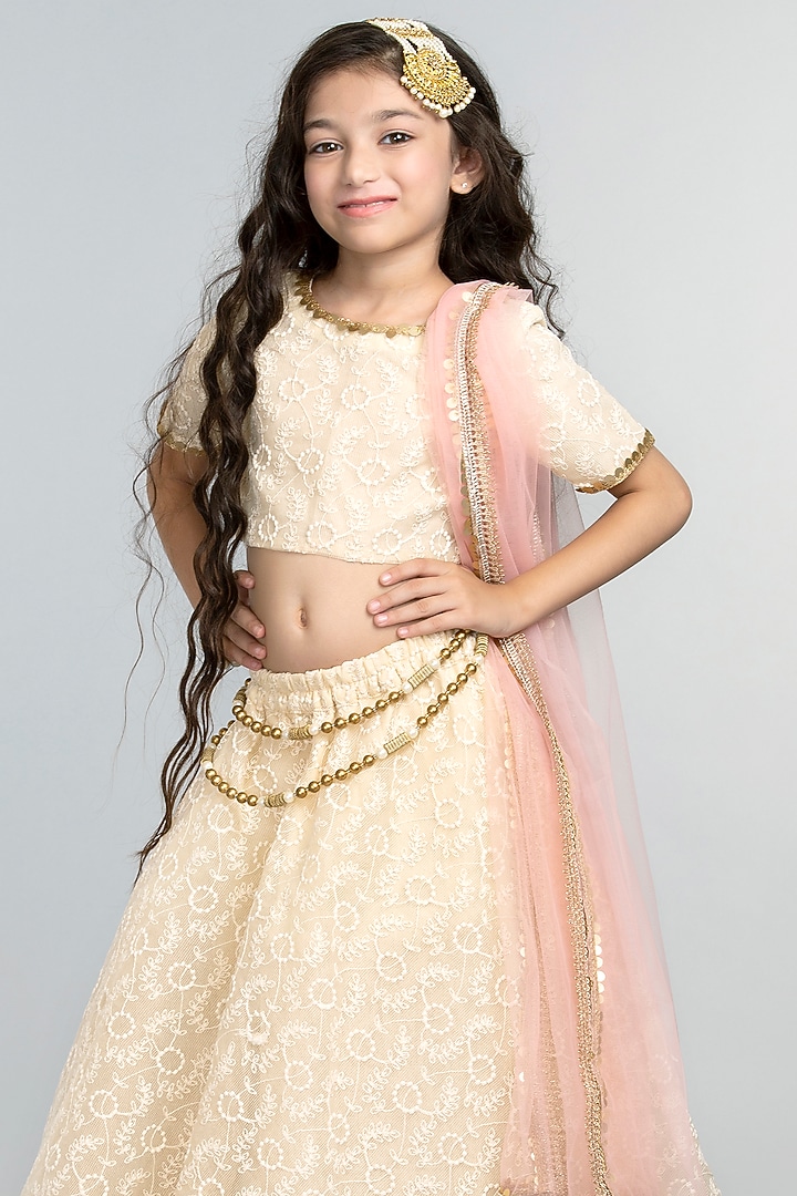 Cream Embroidered Lehenga Set For Girls by BYB PREMIUM at Pernia's Pop Up Shop