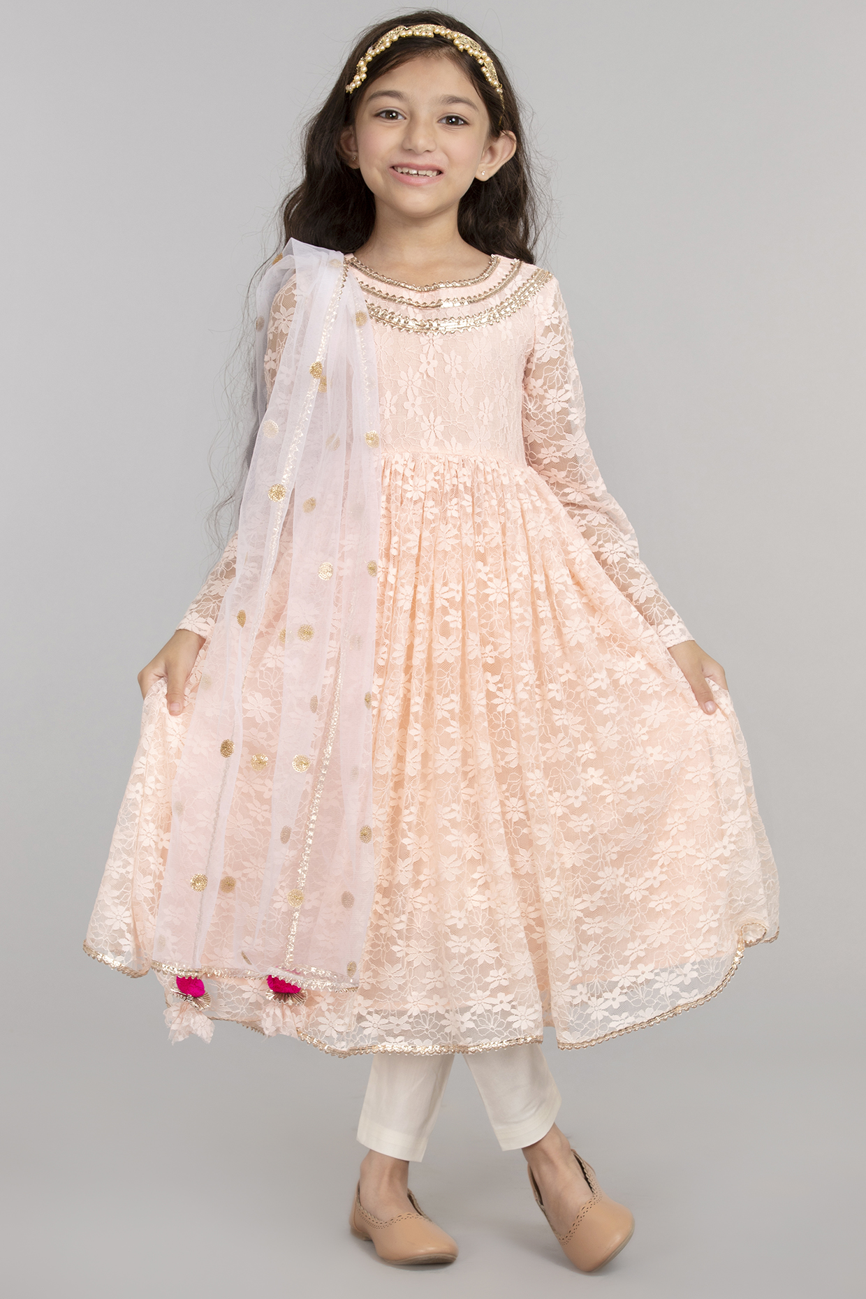 Peach Nylon Viscose Anarkali Set For Girls by BYB PREMIUM