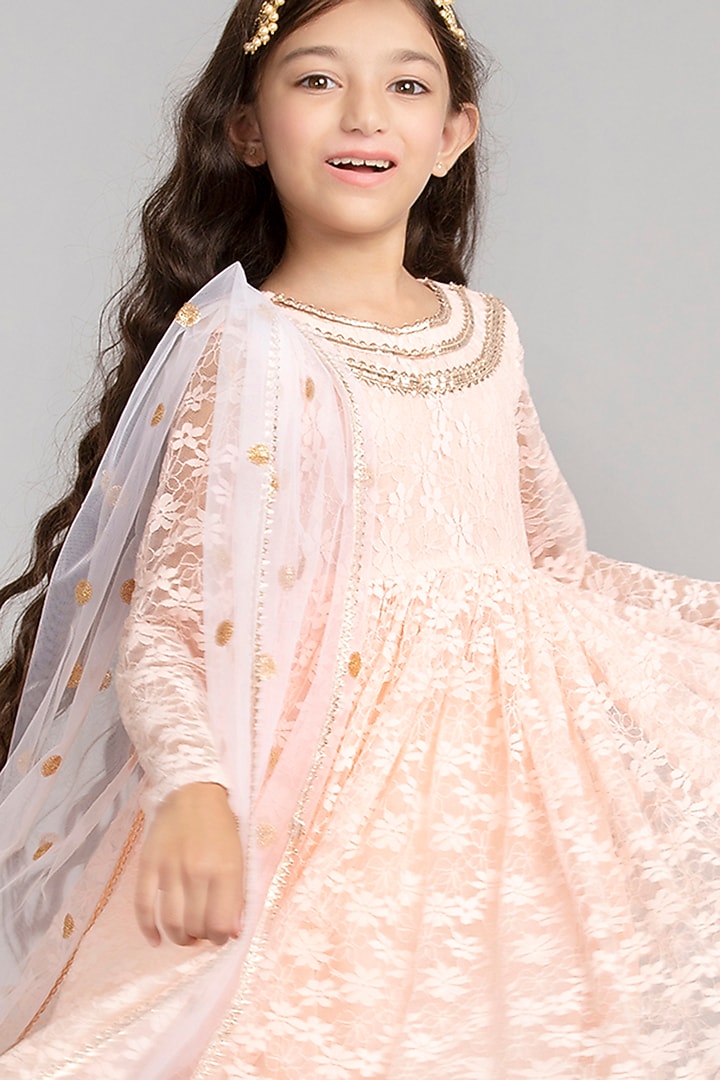 Peach Nylon Viscose Anarkali Set For Girls by BYB PREMIUM at Pernia's Pop Up Shop