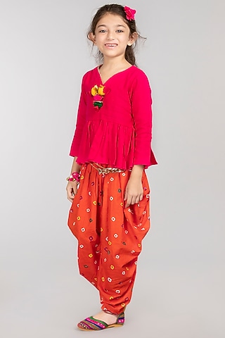 Orange Printed Pant Set For Girls by BYB PREMIUM