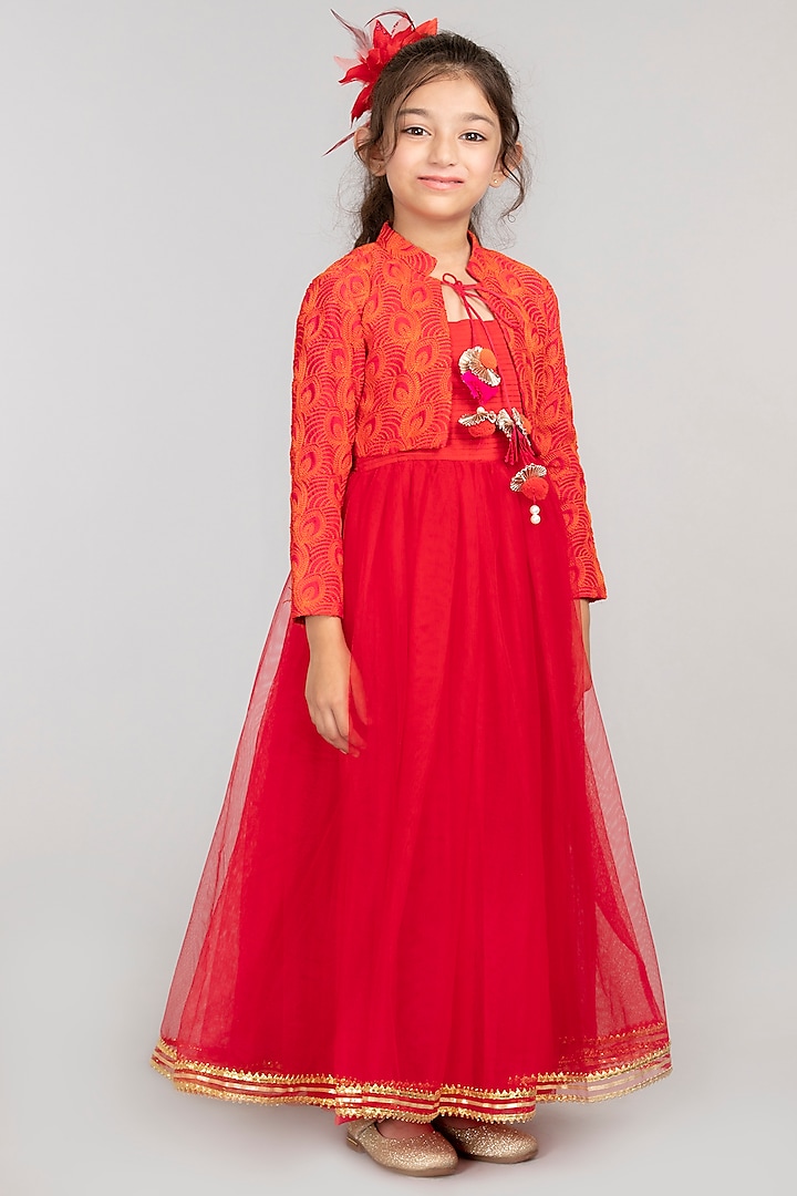 Red Tulle Dress WIth Chiffon Jacket For Girls by BYB PREMIUM