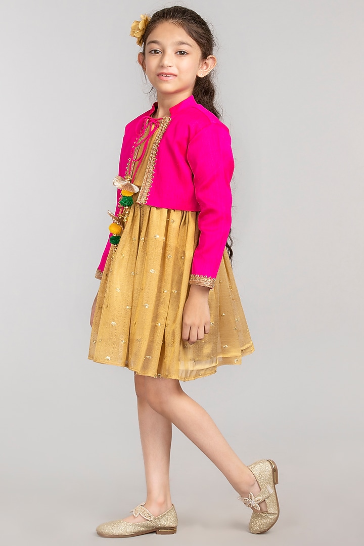 Gold Chanderi Dress With Jacket For Girls by BYB PREMIUM at Pernia's Pop Up Shop