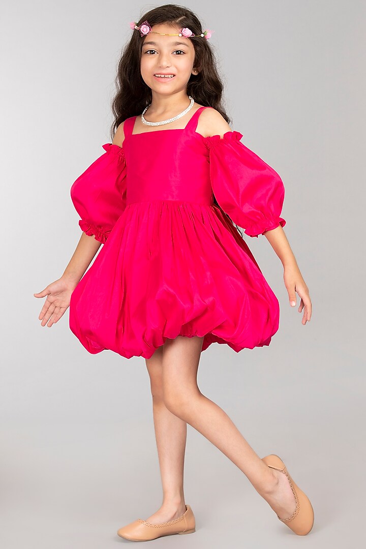 Fuchsia Silk Taffeta Balloon Dress For Girls by BYB PREMIUM