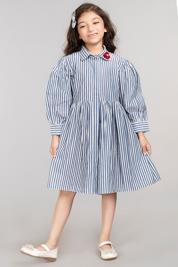 Blue Pure Cotton Shirt Dress For Girls by BYB PREMIUM