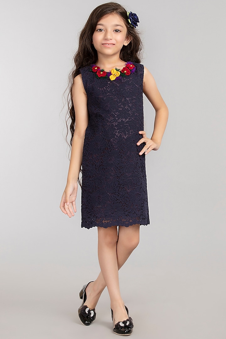 Navy Blue Nylon Viscose Dress For Girls by BYB PREMIUM