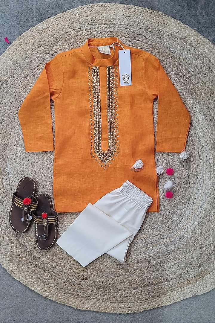 Orange Linen Zardosi Embroidered Kurta Set For Boys by BYB PREMIUM at Pernia's Pop Up Shop