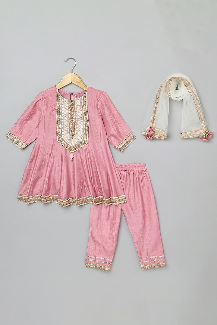 Dusty Pink Dola Silk Embellished Anarkali Set For Girls by BYB PREMIUM at Pernia's Pop Up Shop