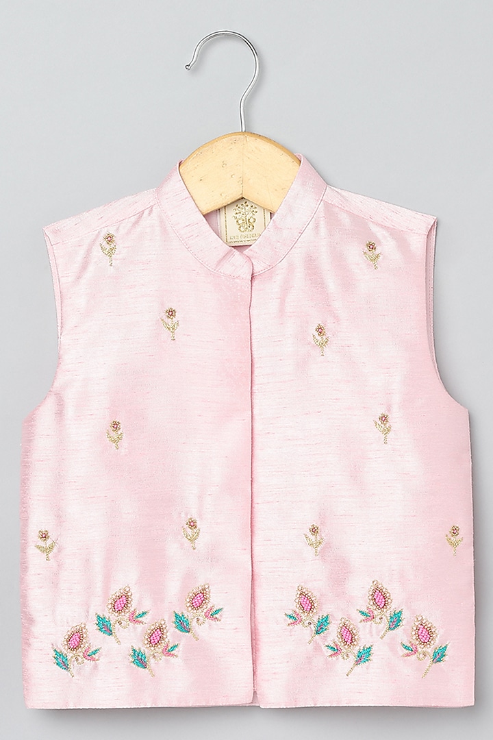 Dusty Pink Dola Silk Hand Embroidered Bundi Jacket Set For Boys by BYB PREMIUM at Pernia's Pop Up Shop