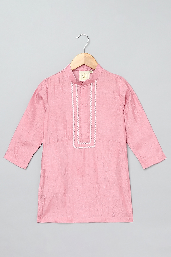 Dusty Pink Dola Silk Hand Embroidered Bundi Jacket Set For Boys by BYB PREMIUM at Pernia's Pop Up Shop