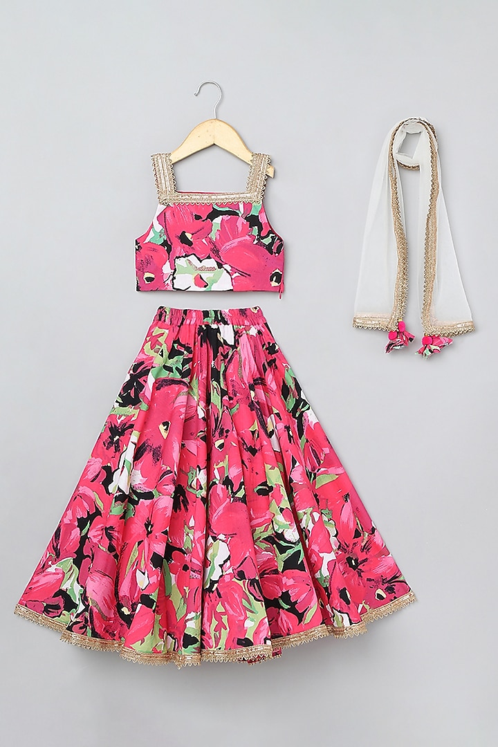 Fuschia Pink Poplin Cotton Printed Lehenga Set For Girls by BYB PREMIUM at Pernia's Pop Up Shop