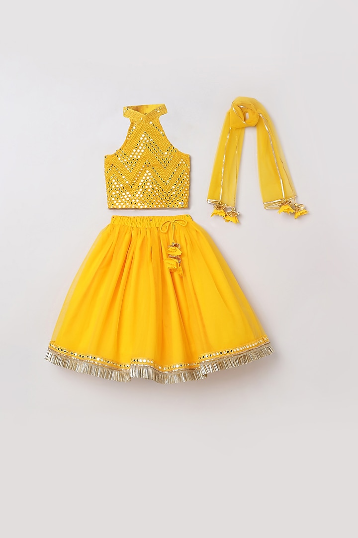 Yellow Embroidered Lehenga Set For Girls by BYB PREMIUM