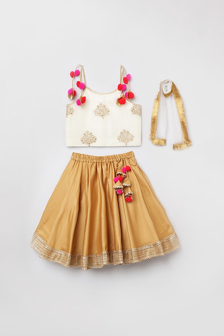 Gold Cotton Silk Satin Lehenga Set For Girls by BYB PREMIUM