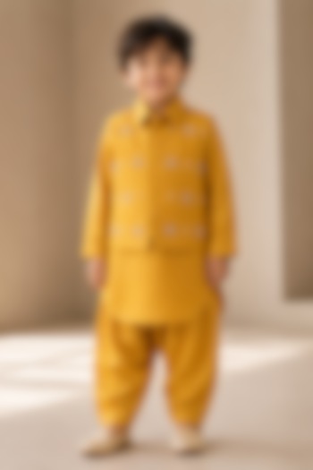 Yellow Dola Silk Hand Embroidered Bundi Jacket Set for Boys by BYB PREMIUM at Pernia's Pop Up Shop