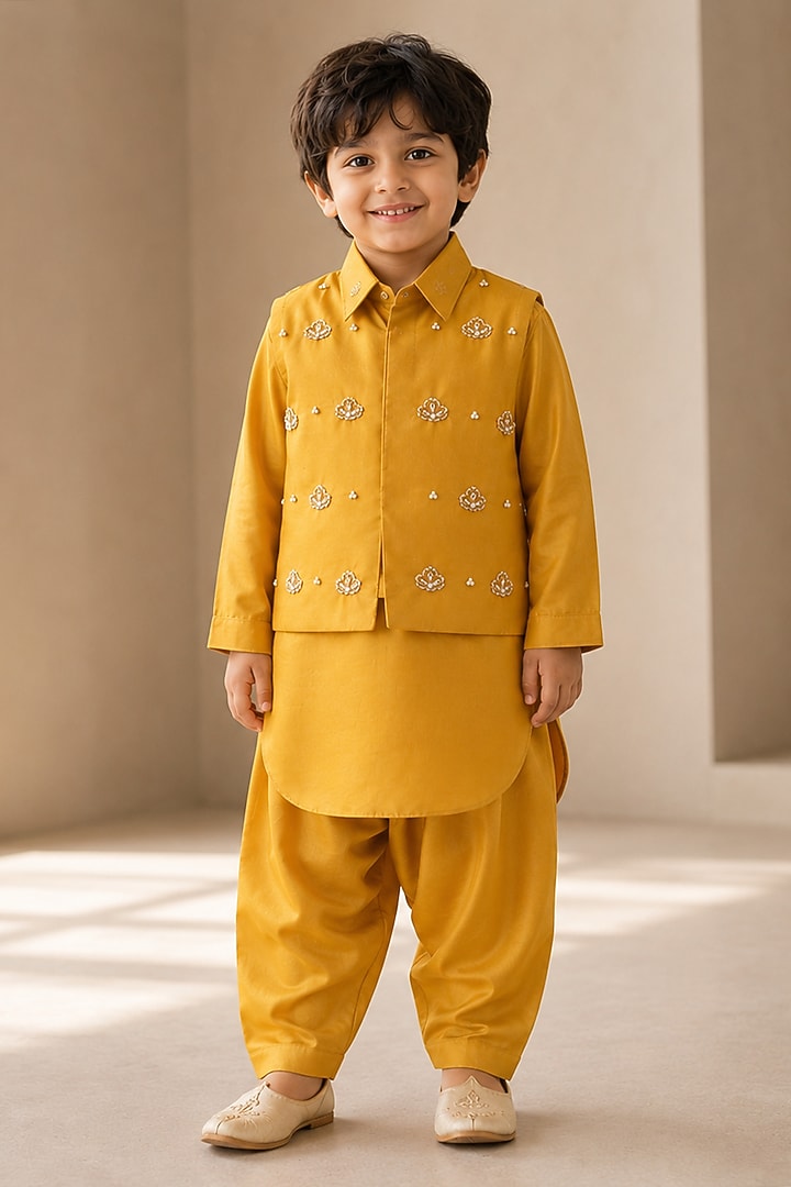 Yellow Dola Silk Hand Embroidered Bundi Jacket Set for Boys by BYB PREMIUM at Pernia's Pop Up Shop