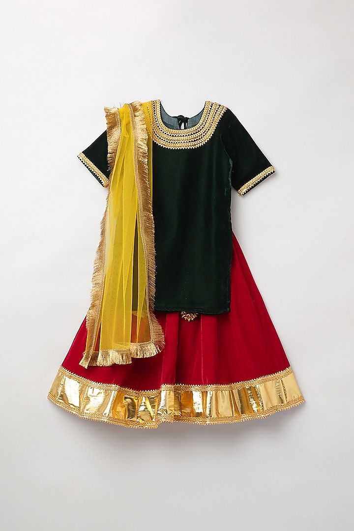 Red & Bottle Green Gota Embroidered Lehenga Set For Girls by BYB PREMIUM at Pernia's Pop Up Shop