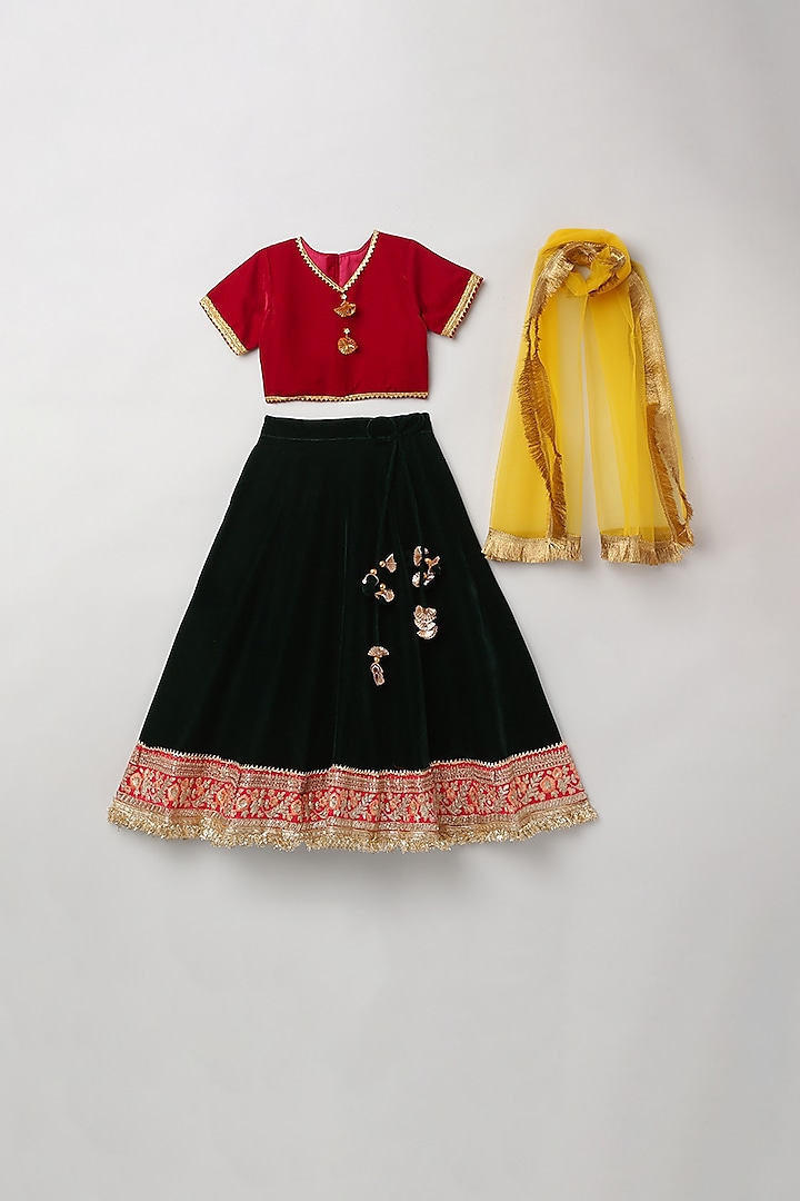 Bottle Green & Red Embroidered Lehenga Set For Girls by BYB PREMIUM at Pernia's Pop Up Shop