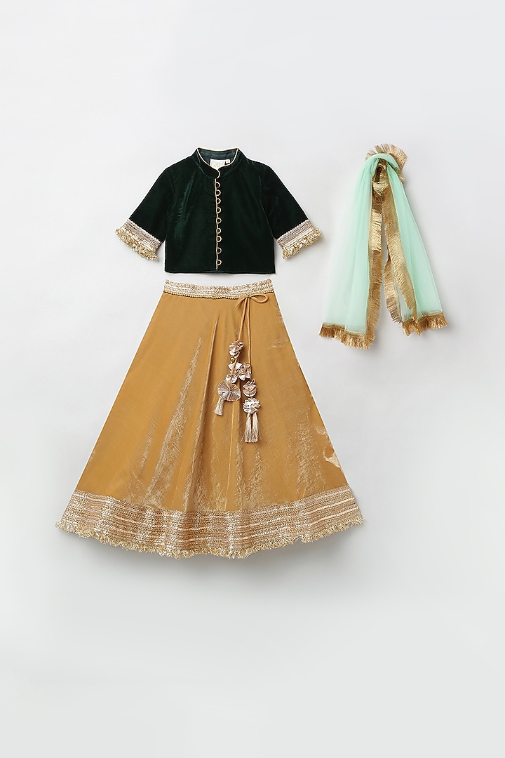 Beige & Bottle Green Embroidered Lehenga Set For Girls by BYB PREMIUM at Pernia's Pop Up Shop