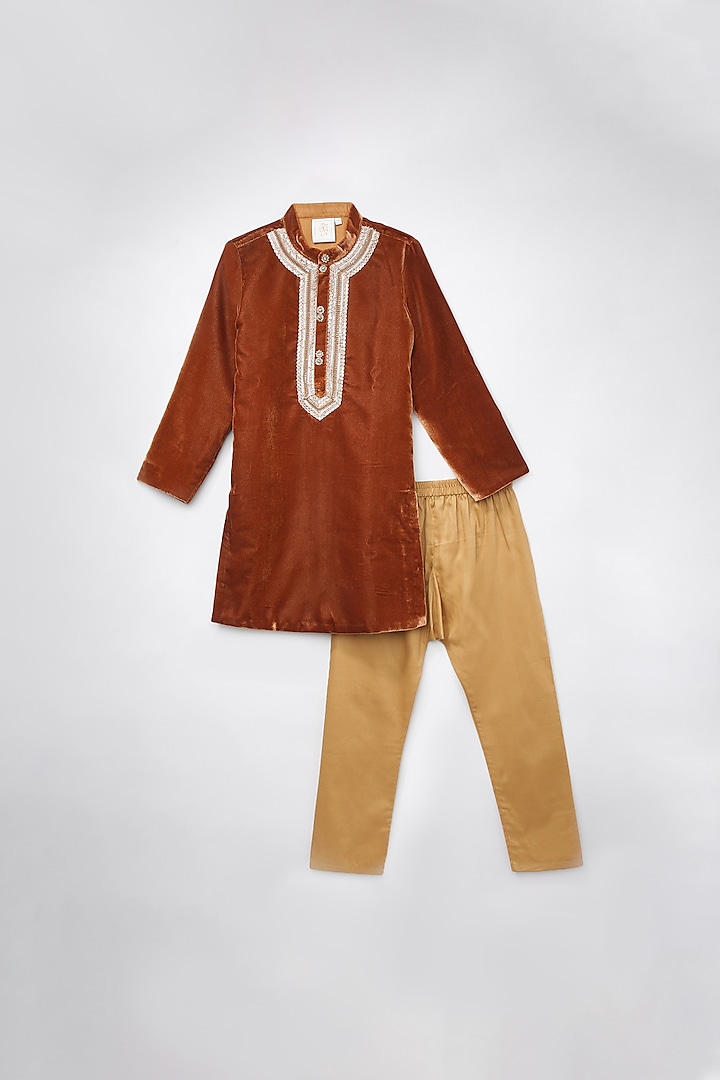 Brown Lace Embroidered Kurta Set For Boys by BYB PREMIUM