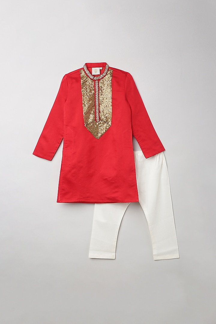Cadmium Red Embroidered Kurta Set For Boys by BYB PREMIUM