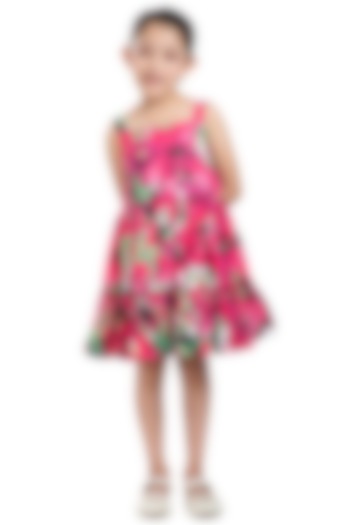 Fuschia Cotton Poplin Printed Dress For Girls by BYB PREMIUM