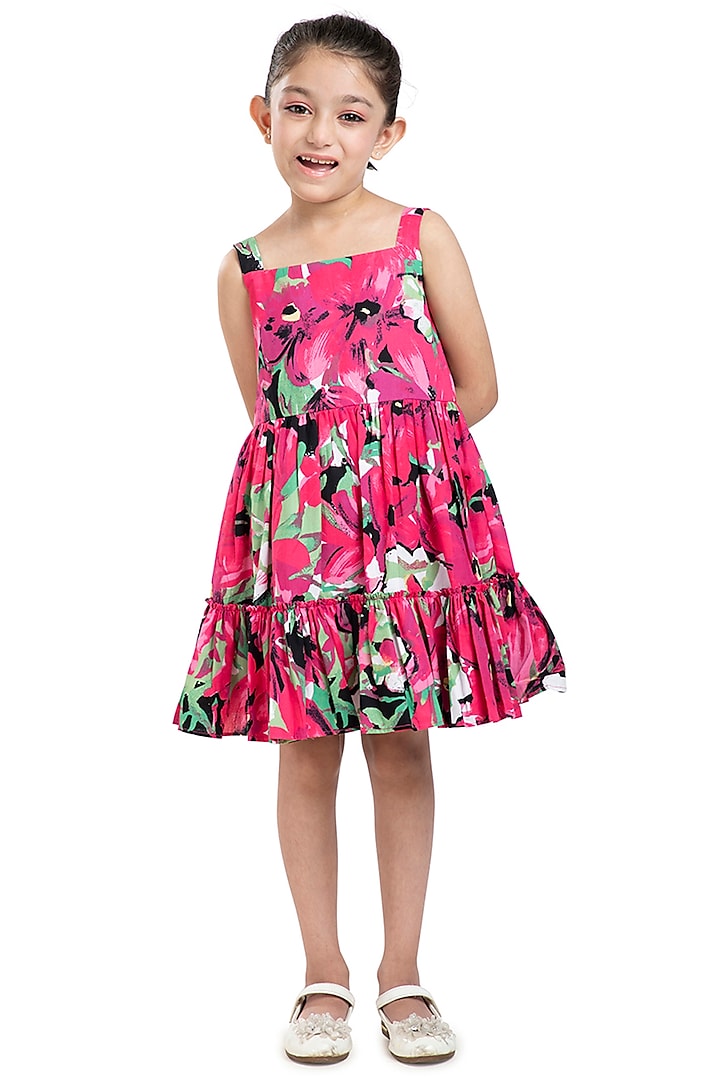 Fuschia Cotton Poplin Printed Dress For Girls by BYB PREMIUM