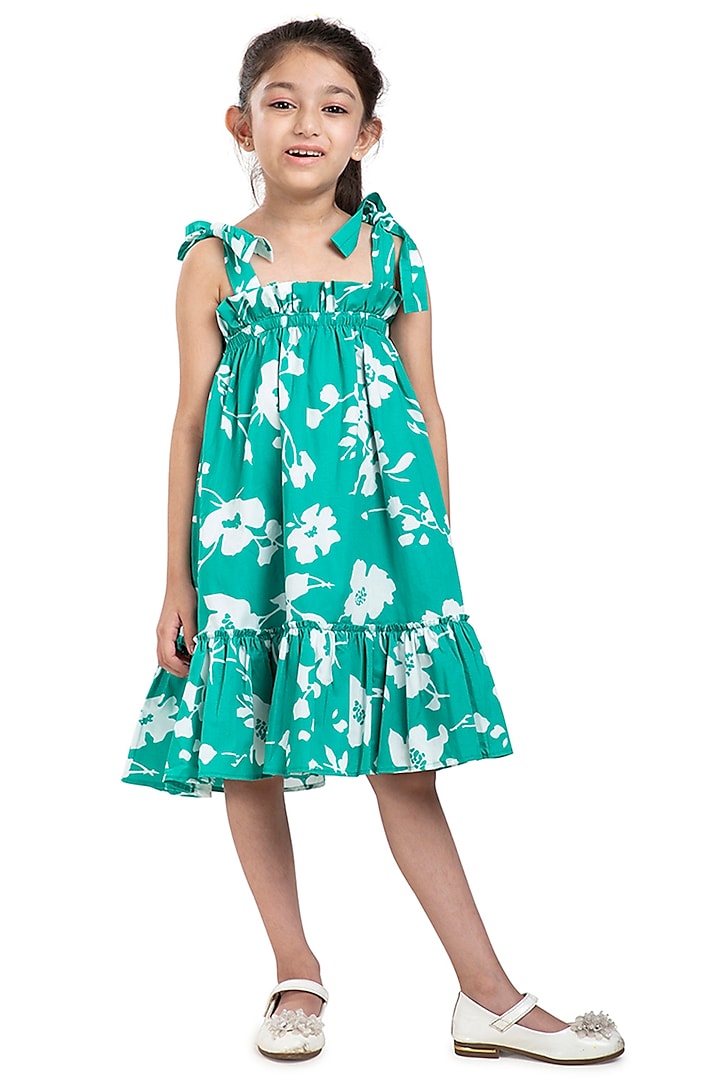 Green Cotton Poplin Printed Dress For Girls by BYB PREMIUM