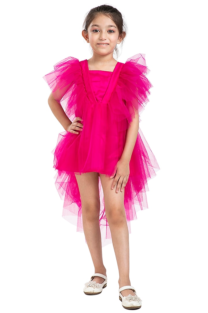 Fuschia Tulle High Low Dress For Girls by BYB PREMIUM