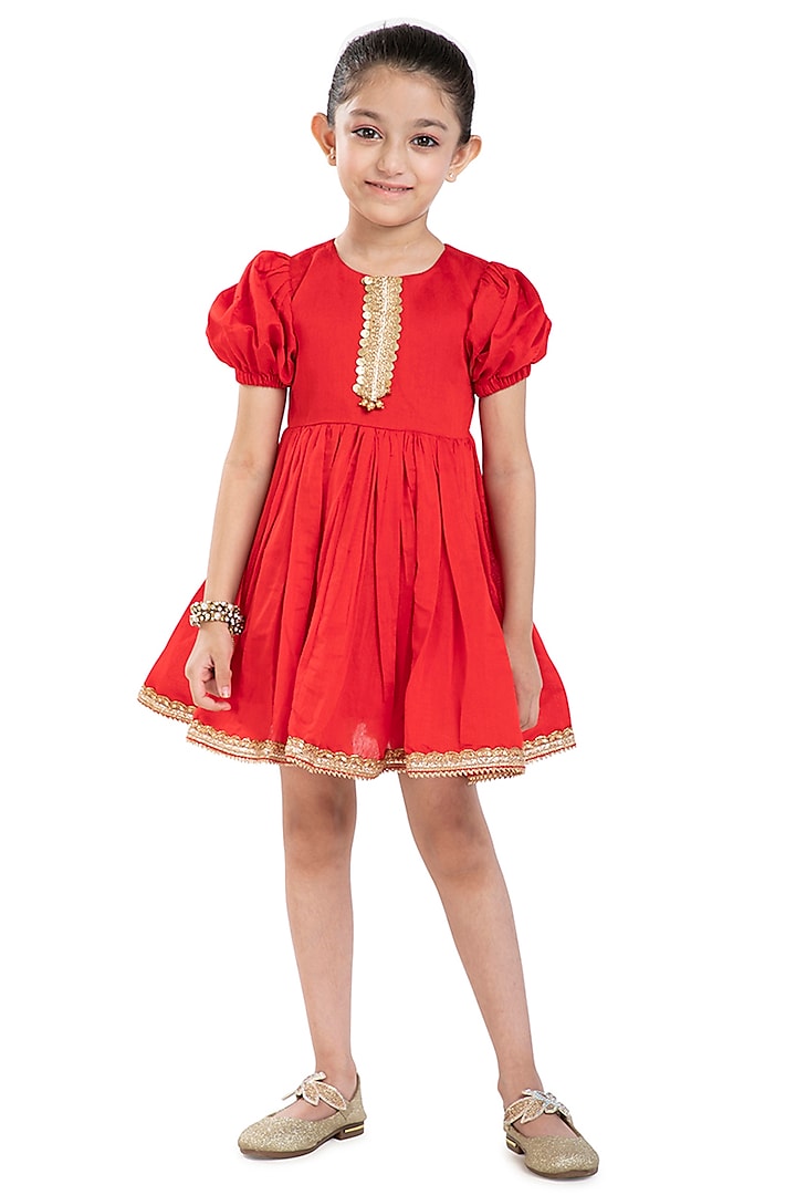 Red Chanderi Silk Dress For Girls by BYB PREMIUM
