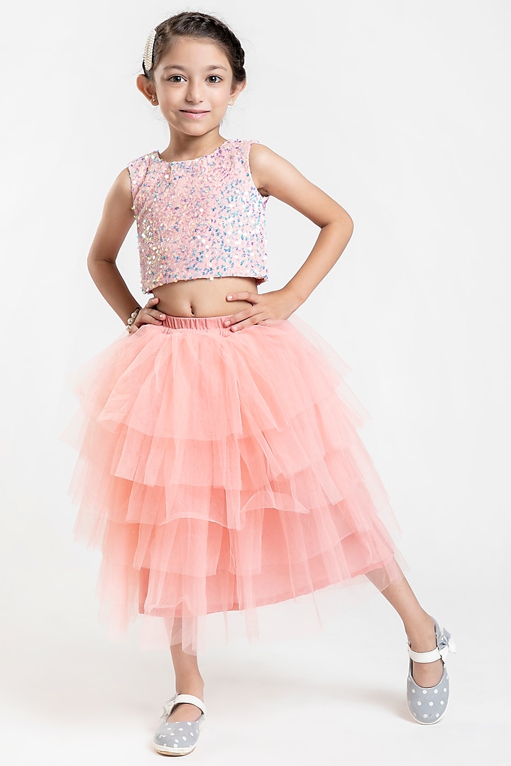 Blush Pink Tulle Layered Skirt Set For Girls by BYB PREMIUM