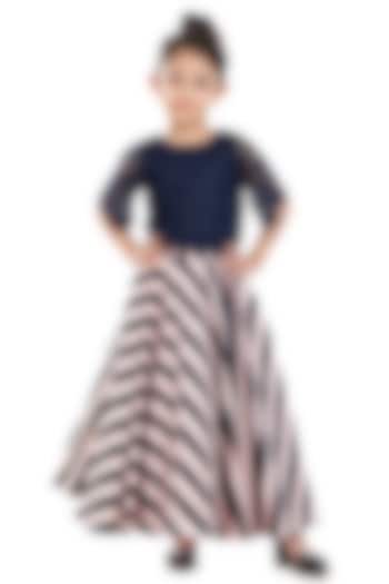 Navy Blue Cotton Silk Skirt Set For Girls by BYB PREMIUM