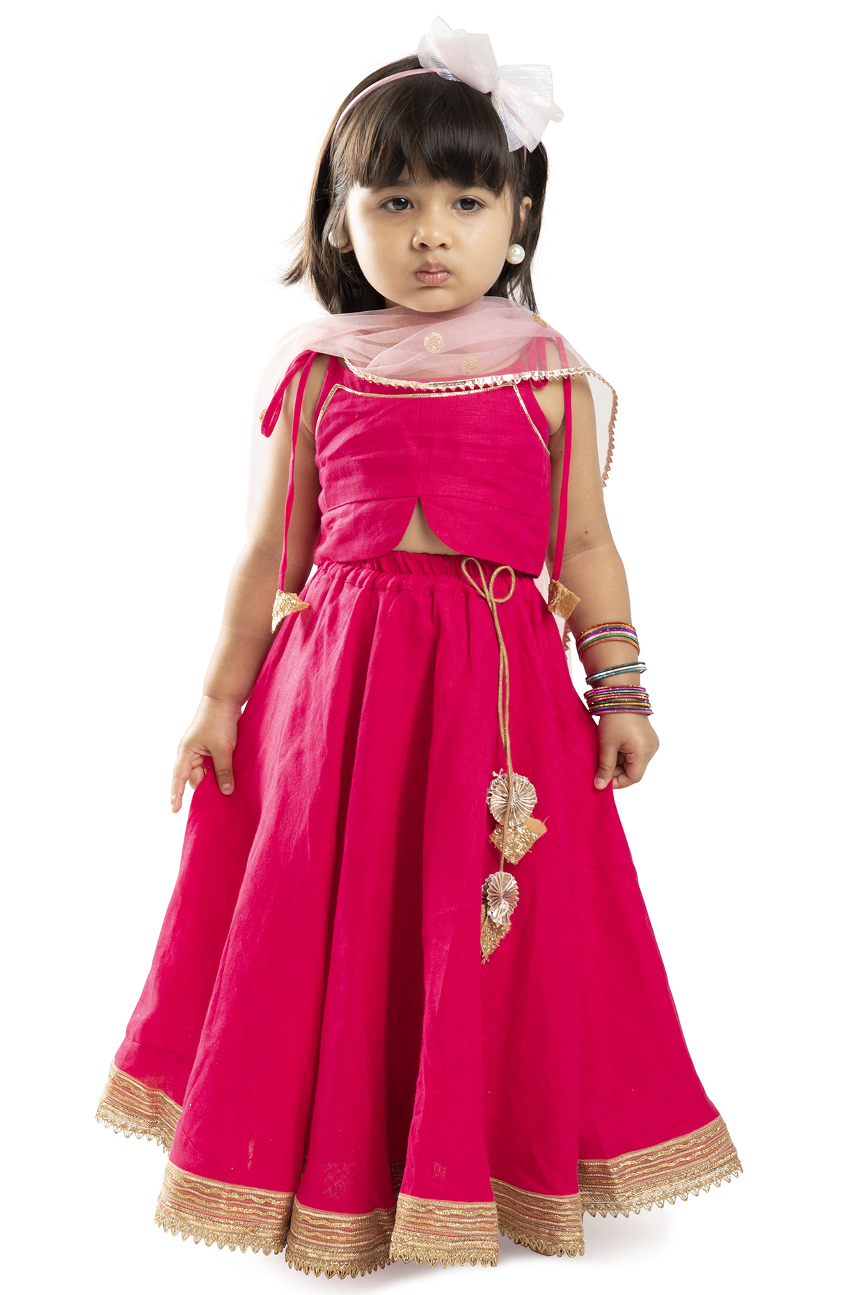Fuschia Linen Lehenga Set For Girls by BYB PREMIUM