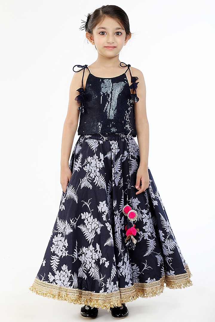 Navy Blue Linen Printed Lehenga Set For Girls by BYB PREMIUM at Pernia's Pop Up Shop