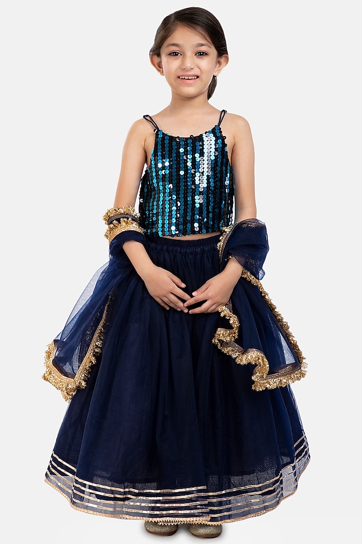 Navy Blue Embroidered Lehenga Set For Girls by BYB PREMIUM