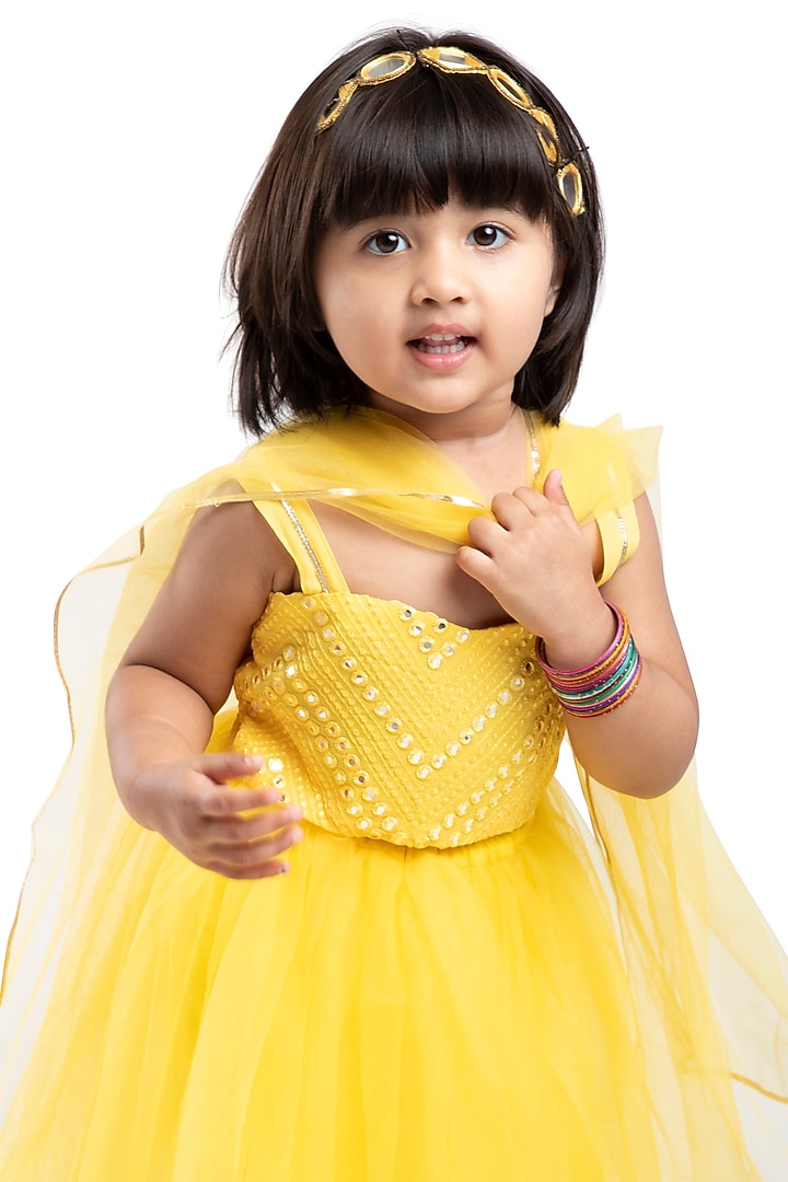 Yellow Embroidered Lehenga Set For Girls by BYB PREMIUM at Pernia's Pop Up Shop