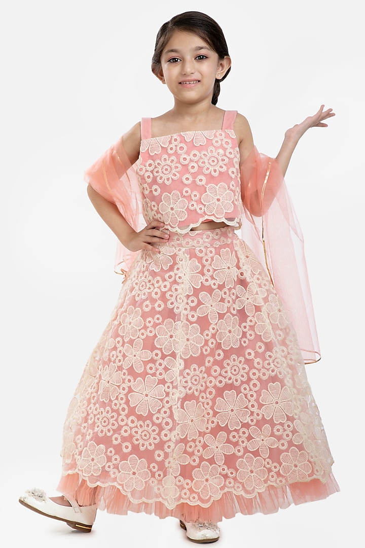 Blush Pink Embroidered Lehenga Set For Girls by BYB PREMIUM at Pernia's Pop Up Shop