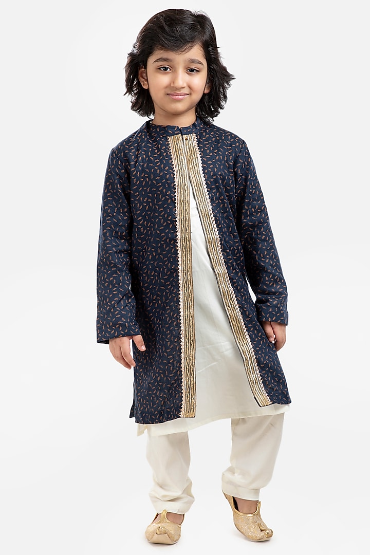 Blue Cotton Linen Sherwani Set For Boys by BYB PREMIUM