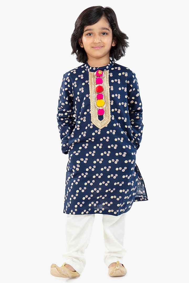 Navy Blue Cotton Kurta Set For Boys by BYB PREMIUM