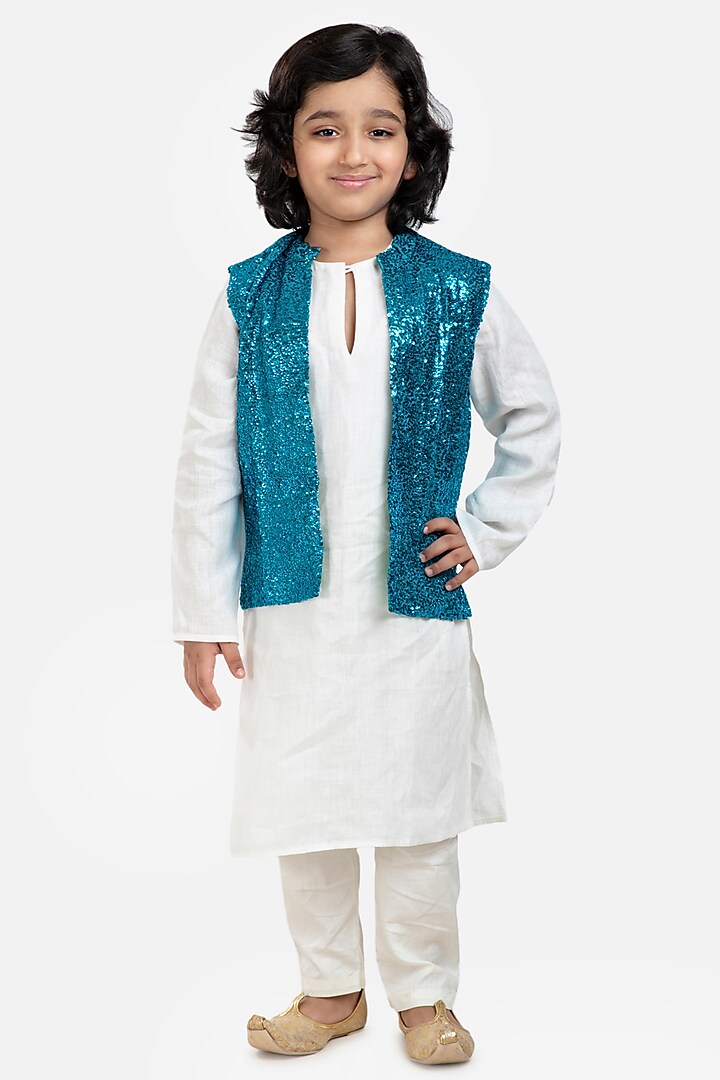 Ivory Linen Kurta Set With Bundi Jacket For Boys by BYB PREMIUM