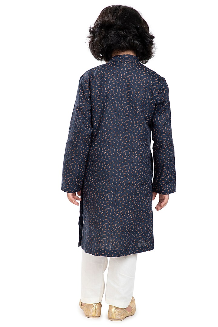 Navy Blue Linen Embellished Kurta Set For Boys by BYB PREMIUM at Pernia's Pop Up Shop