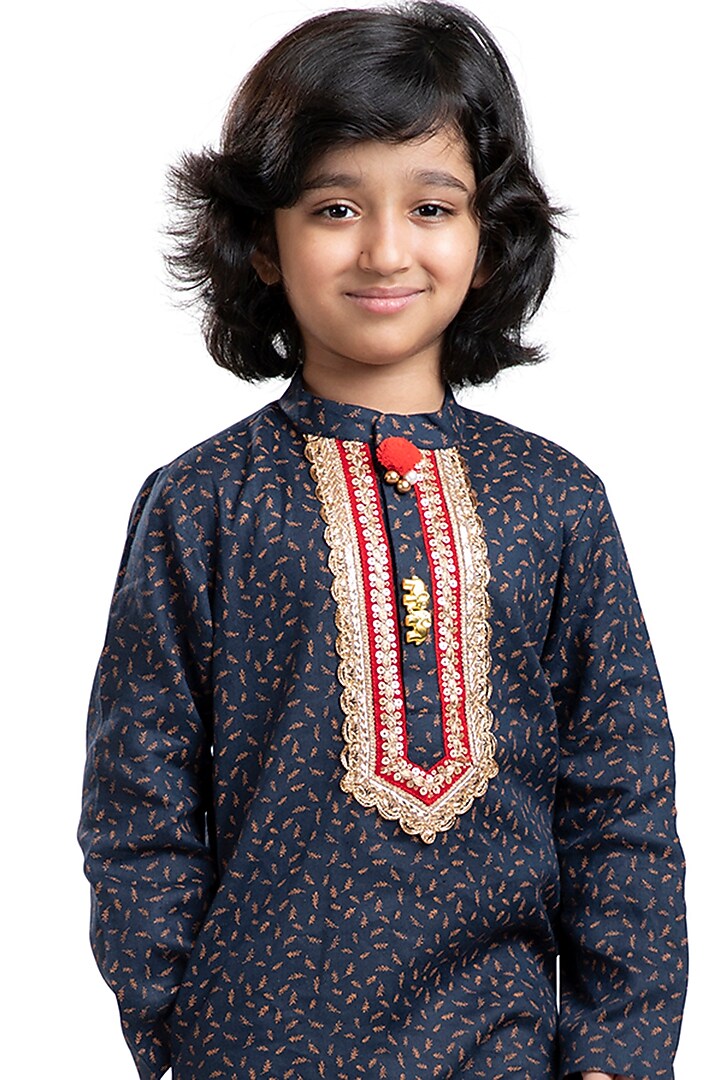 Navy Blue Linen Embellished Kurta Set For Boys by BYB PREMIUM at Pernia's Pop Up Shop