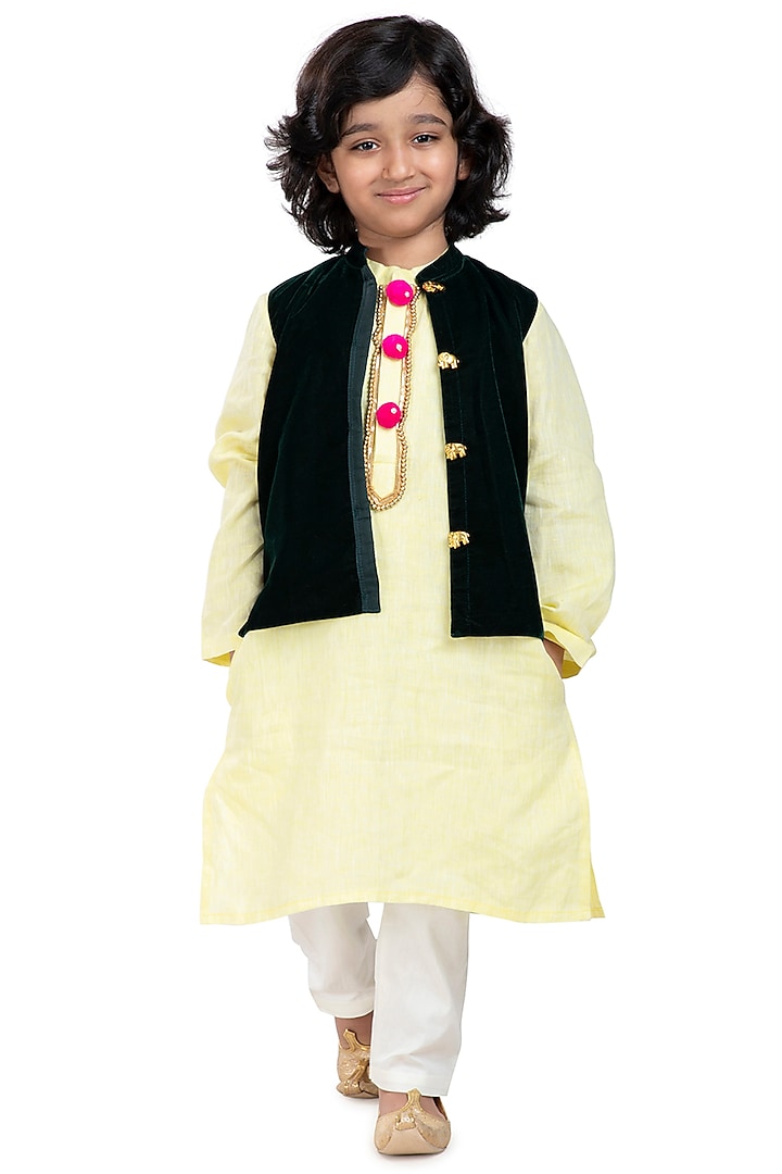 Lime Green Linen Kurta Set With Waist Coat For Boys by BYB PREMIUM