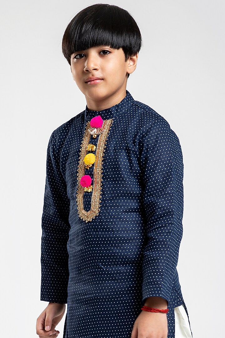 Navy Blue Embellished Kurta Set For Boys by BYB PREMIUM at Pernia's Pop Up Shop