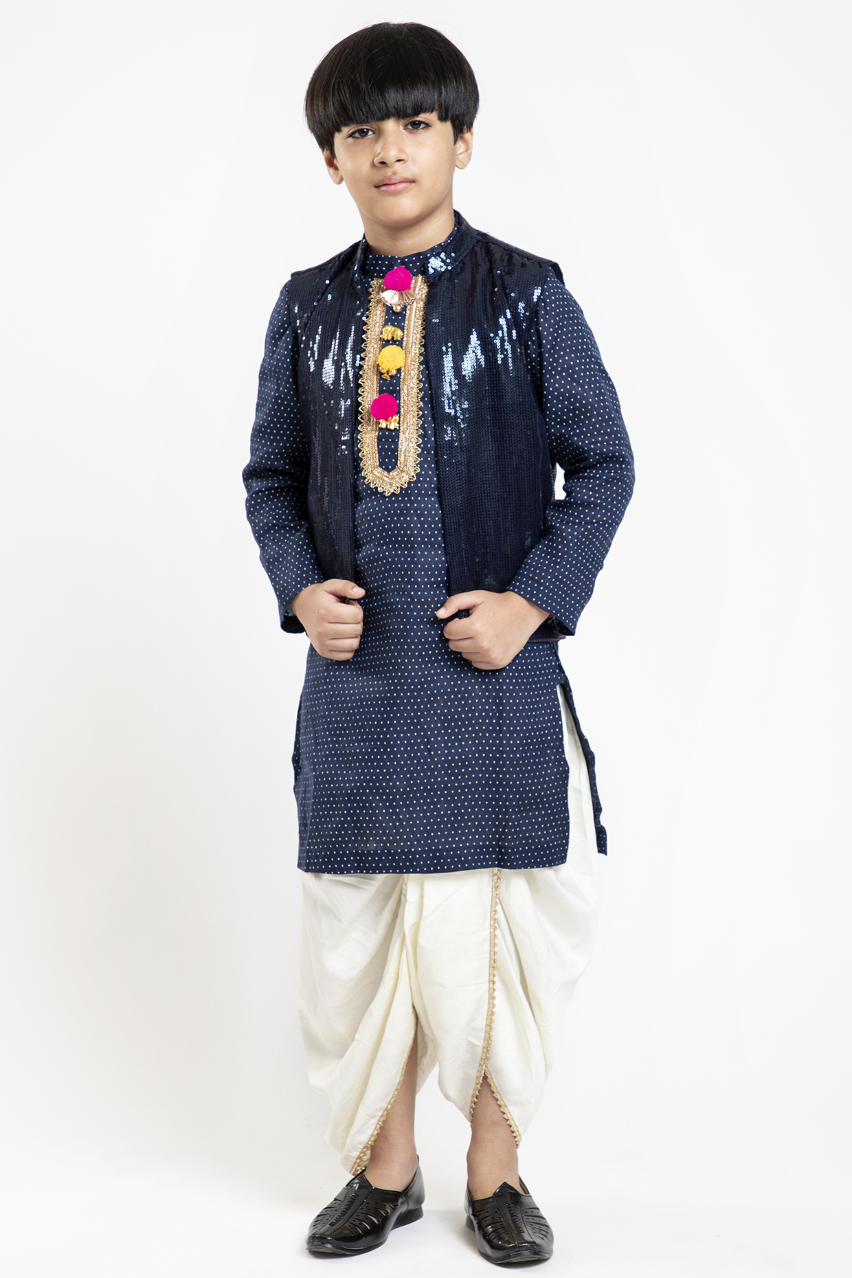 Navy Blue Printed & Embellished Kurta Set For Boys by BYB PREMIUM