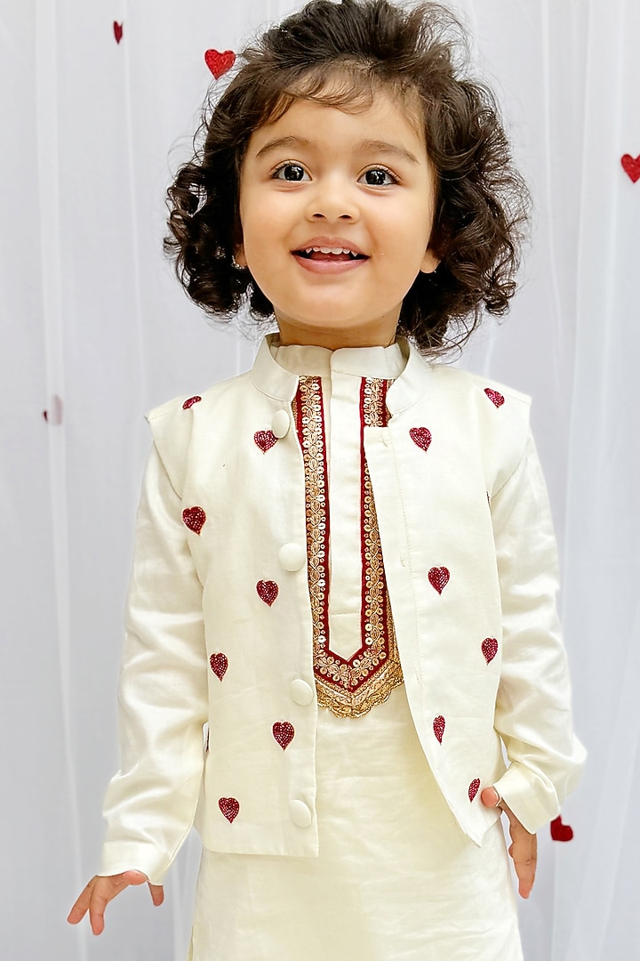 White Pure Cotton Hand Embroidered Nehru Jacket Set For Boys by BYB PREMIUM at Pernia's Pop Up Shop