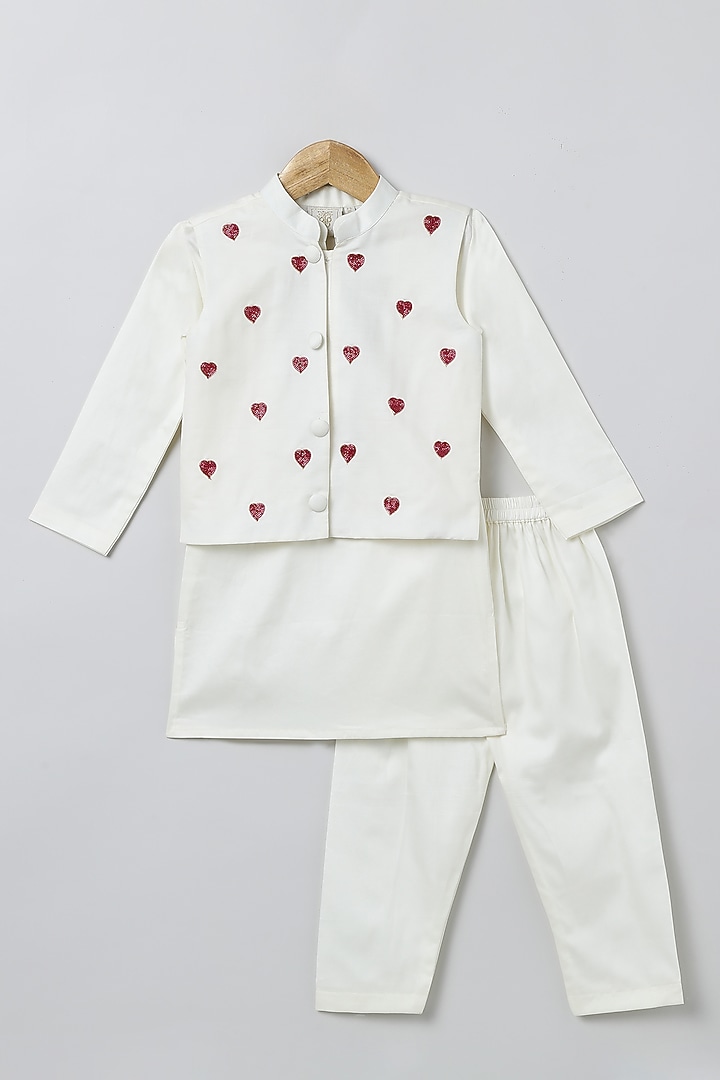 White Pure Cotton Hand Embroidered Nehru Jacket Set For Boys by BYB PREMIUM at Pernia's Pop Up Shop