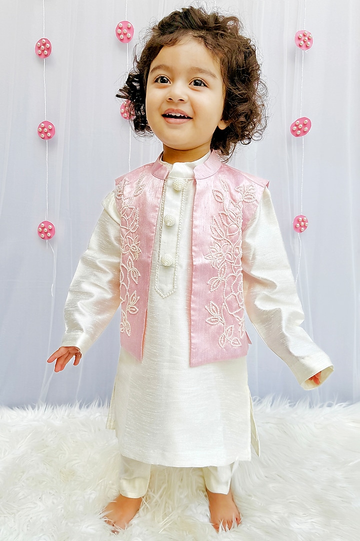 Baby Pink Raw Silk Hand Embroidered Jacket Set For Boys by BYB PREMIUM