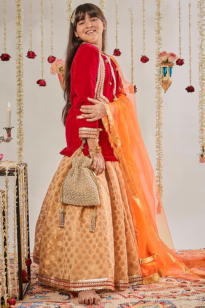 Golden Chanderi Silk Lehenga Set For Girls by BYB PREMIUM at Pernia's Pop Up Shop
