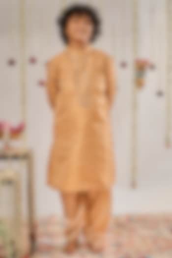 Gold Jacquard Embroidered Kurta Set For Boys by BYB PREMIUM